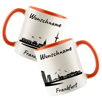 Tasse in Orange 330ml bedruckt mit der Skyline von Frankfurt personalisierbar mit Wunschname