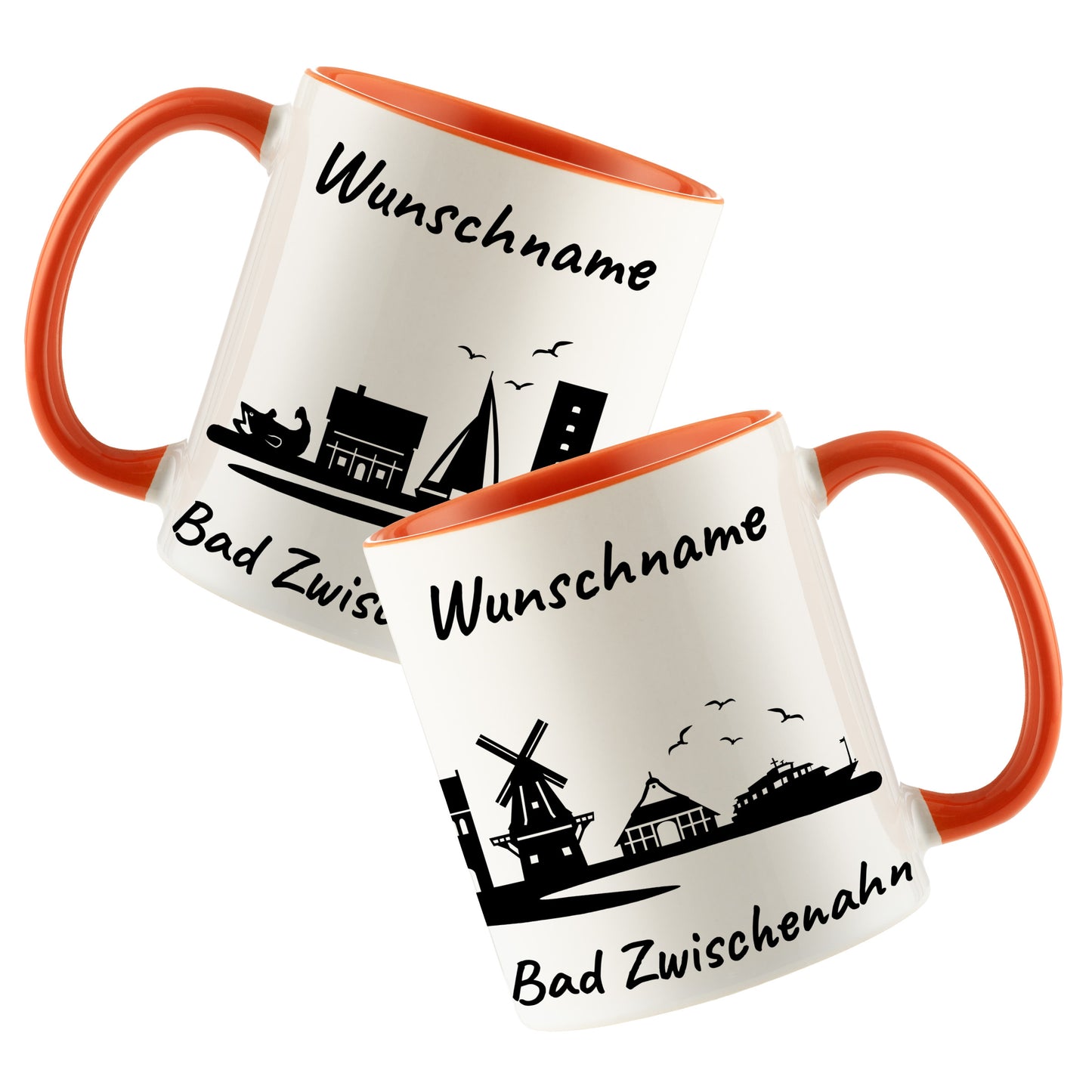 Tasse in Orange 330ml bedruckt mit der Skyline von Bad Zwischenahn personalisierbar mit Wunschname