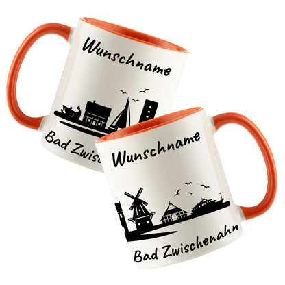 Tasse in Orange 330ml bedruckt mit der Skyline von Bad Zwischenahn personalisierbar mit Wunschname