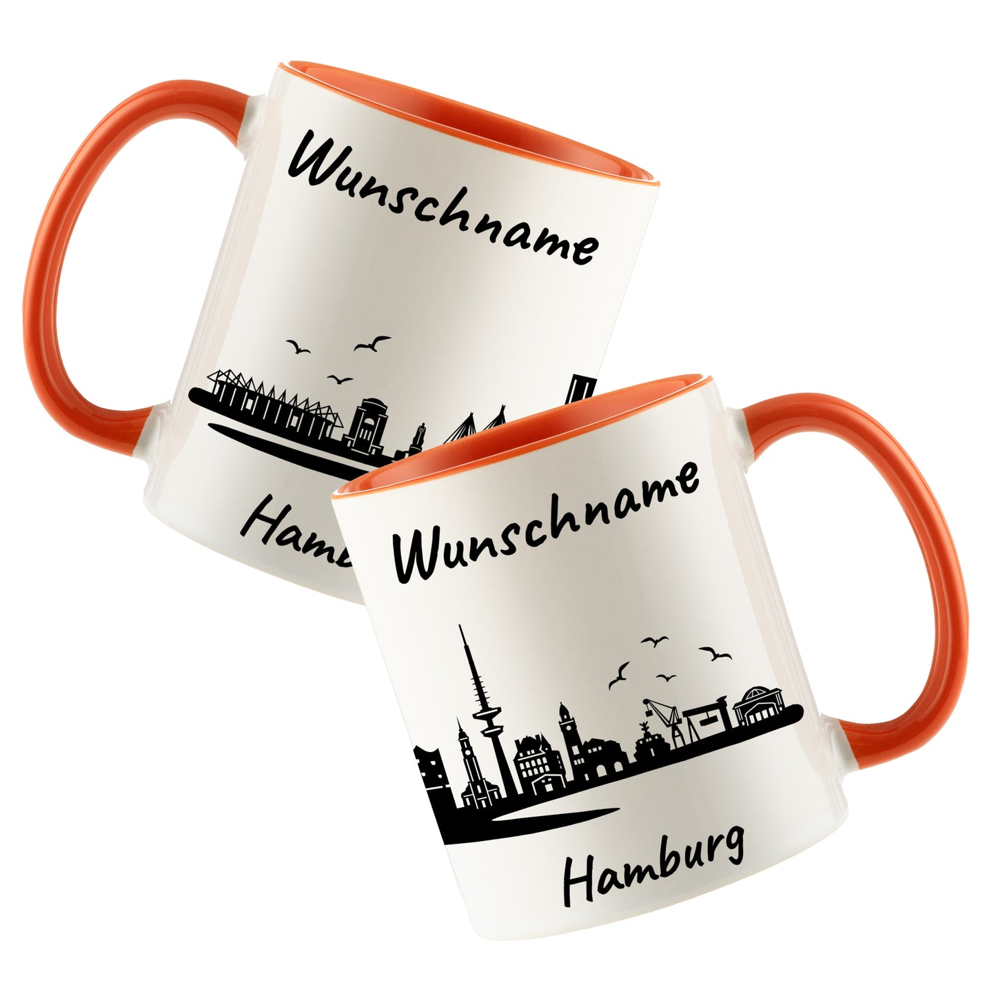 Tasse in Orange 330ml bedruckt mit der Skyline von Hamburg personalisierbar mit Wunschname