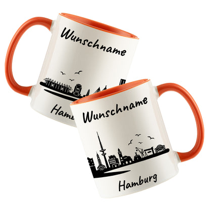 Tasse in Orange 330ml bedruckt mit der Skyline von Hamburg personalisierbar mit Wunschname