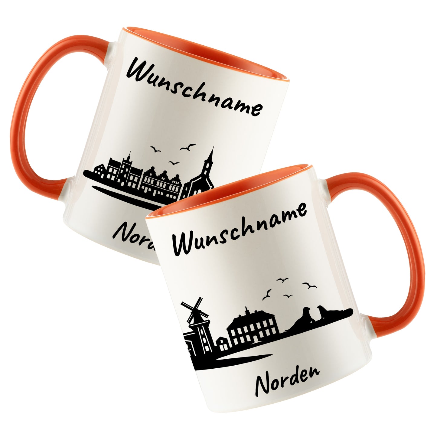 Tasse in Orange 330ml bedruckt mit der Skyline von Norden personalisierbar mit Wunschname