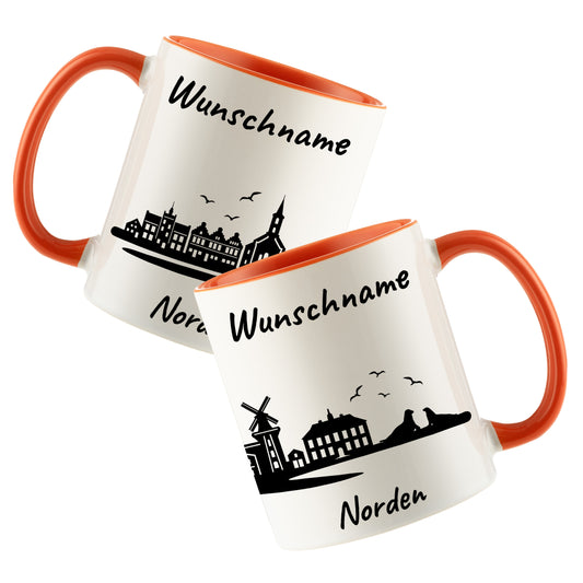 Tasse in Orange 330ml bedruckt mit der Skyline von Norden personalisierbar mit Wunschname