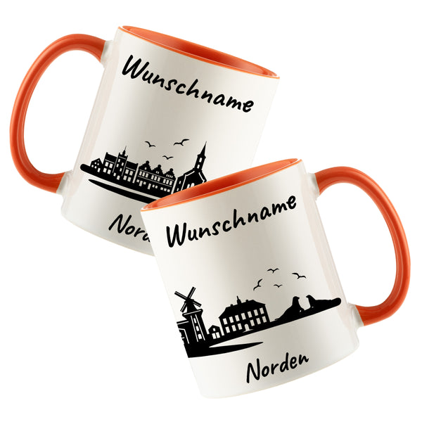 Tasse in Orange 330ml bedruckt mit der Skyline von Norden personalisierbar mit Wunschname