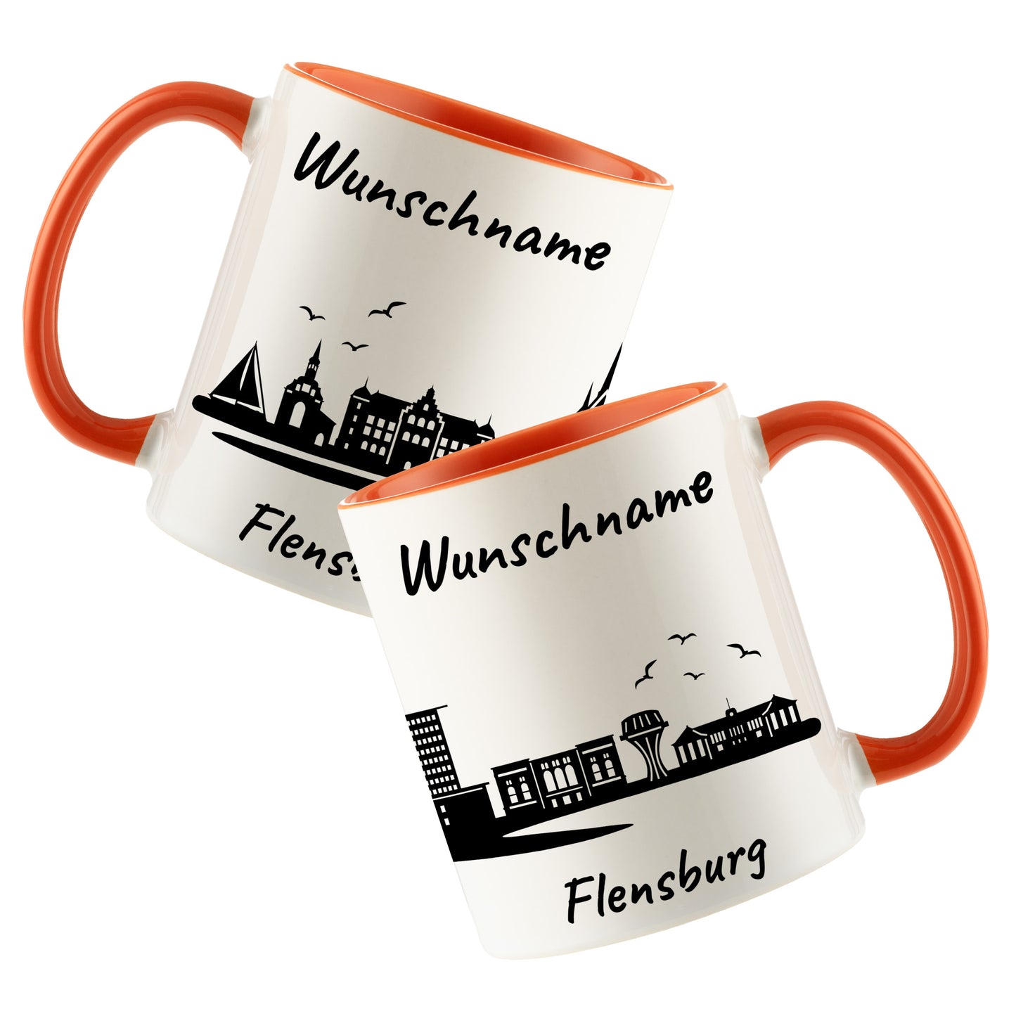 Tasse in Orange 330ml bedruckt mit der Skyline von Flensburg personalisierbar mit Wunschname