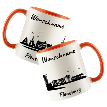 Tasse in Orange 330ml bedruckt mit der Skyline von Flensburg personalisierbar mit Wunschname