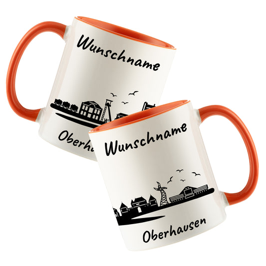 Tasse in Orange 330ml bedruckt mit der Skyline von Oberhausen personalisierbar mit Wunschname