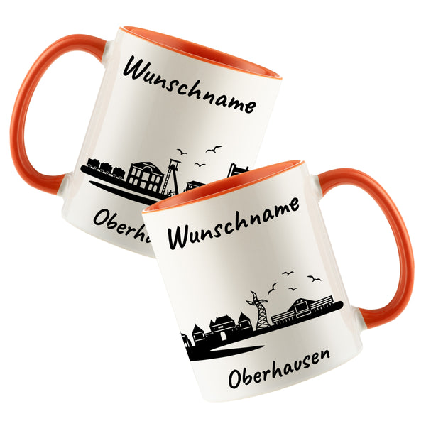Tasse in Orange 330ml bedruckt mit der Skyline von Oberhausen personalisierbar mit Wunschname