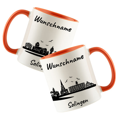 Tasse in Orange 330ml bedruckt mit der Skyline von Solingen personalisierbar mit Wunschname