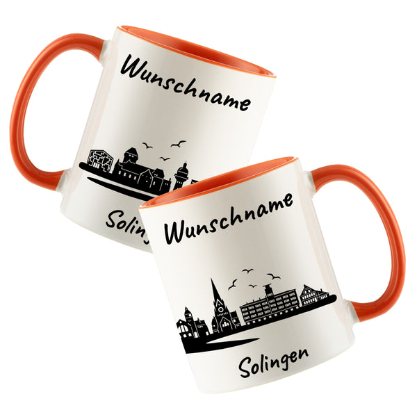 Tasse in Orange 330ml bedruckt mit der Skyline von Solingen personalisierbar mit Wunschname