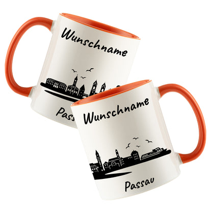 Tasse in Orange 330ml bedruckt mit der Skyline von Passau personalisierbar mit Wunschname