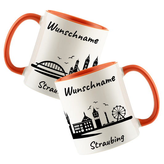 Tasse in Orange 330ml bedruckt mit der Skyline von Straubing personalisierbar mit Wunschname