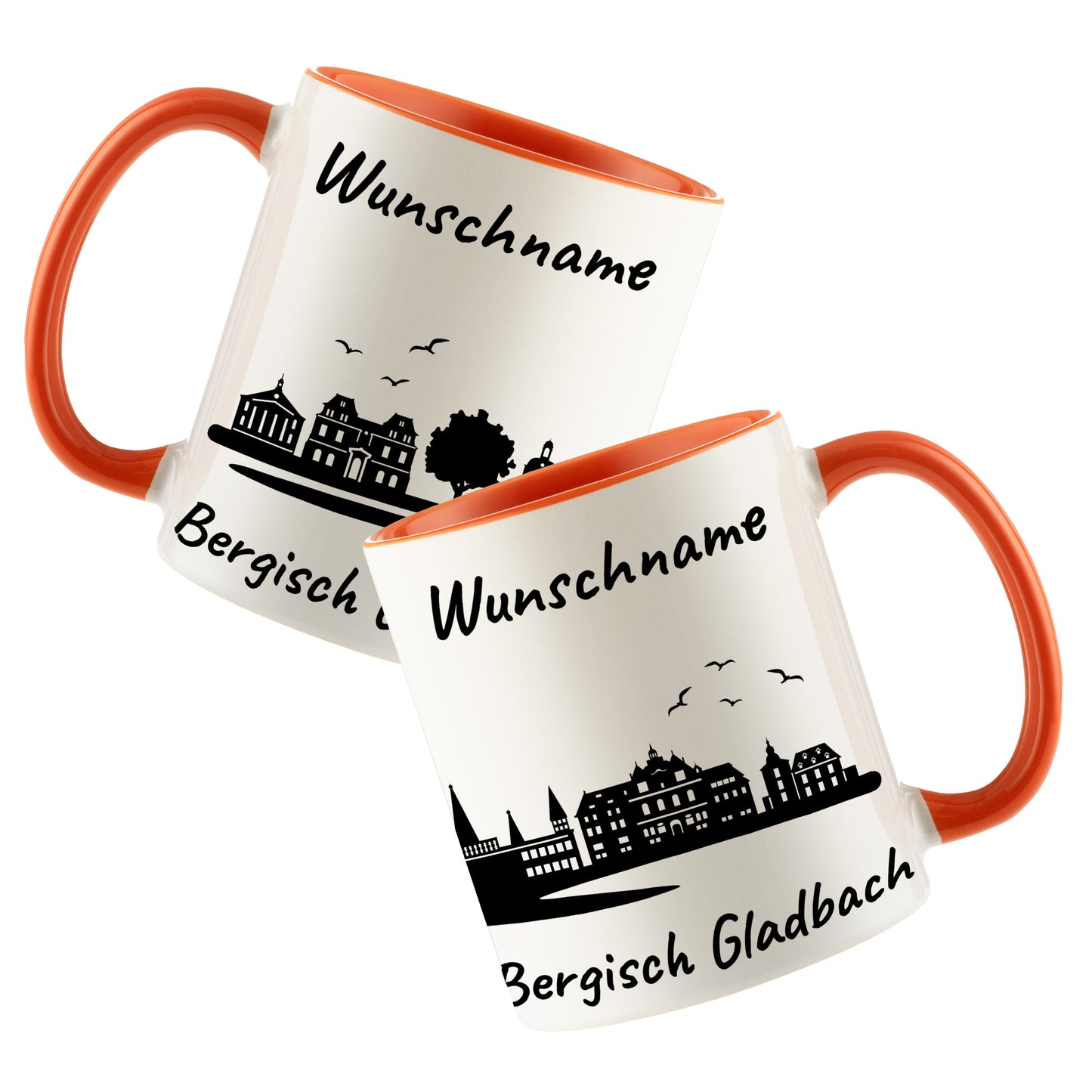 Tasse in Orange 330ml bedruckt mit der Skyline von Bergisch Gladbach personalisierbar mit Wunschname