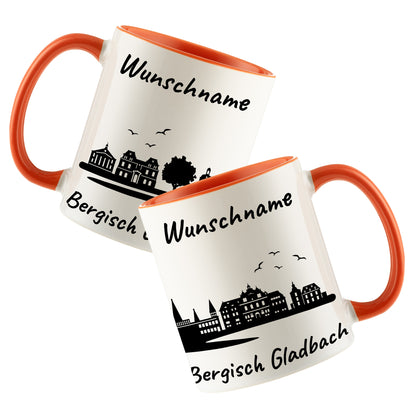 Tasse in Orange 330ml bedruckt mit der Skyline von Bergisch Gladbach personalisierbar mit Wunschname