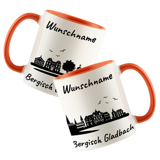 Tasse in Orange 330ml bedruckt mit der Skyline von Bergisch Gladbach personalisierbar mit Wunschname