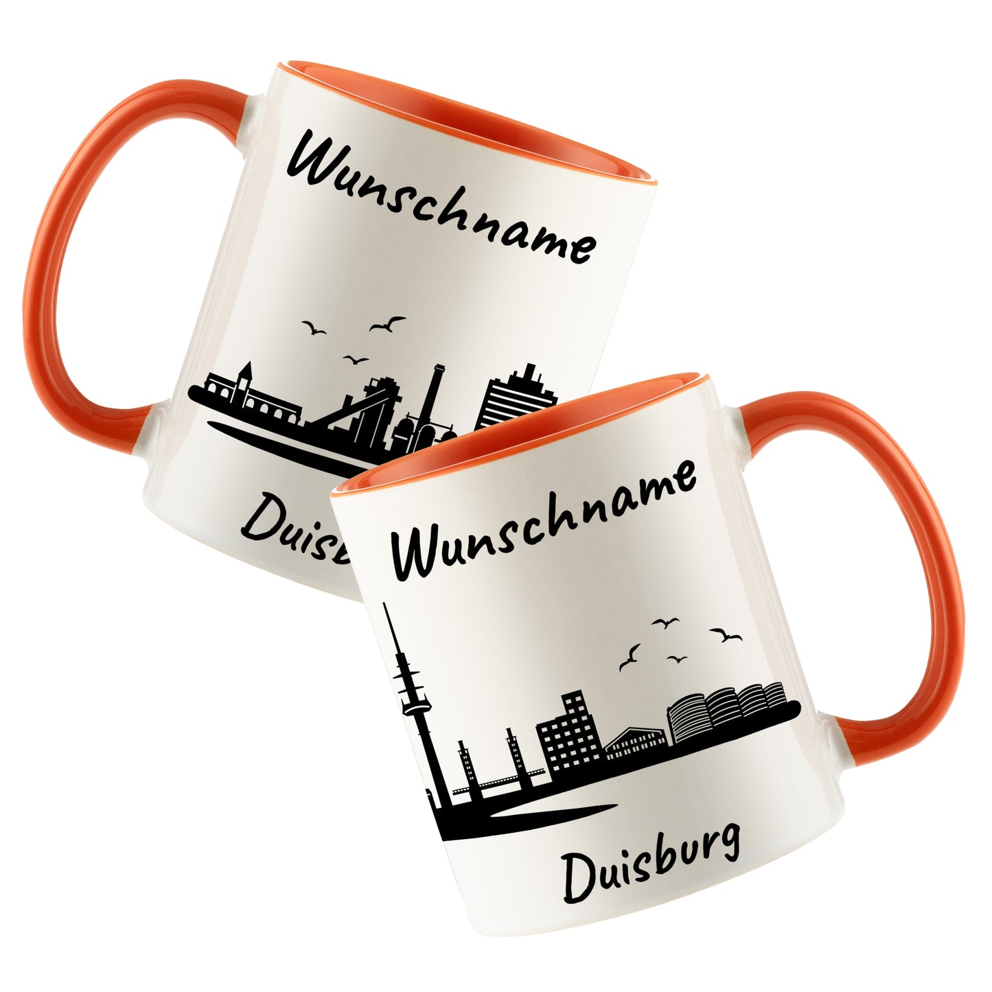 Tasse in Orange 330ml bedruckt mit der Skyline von Duisburg personalisierbar mit Wunschname