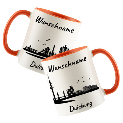 Tasse in Orange 330ml bedruckt mit der Skyline von Duisburg personalisierbar mit Wunschname