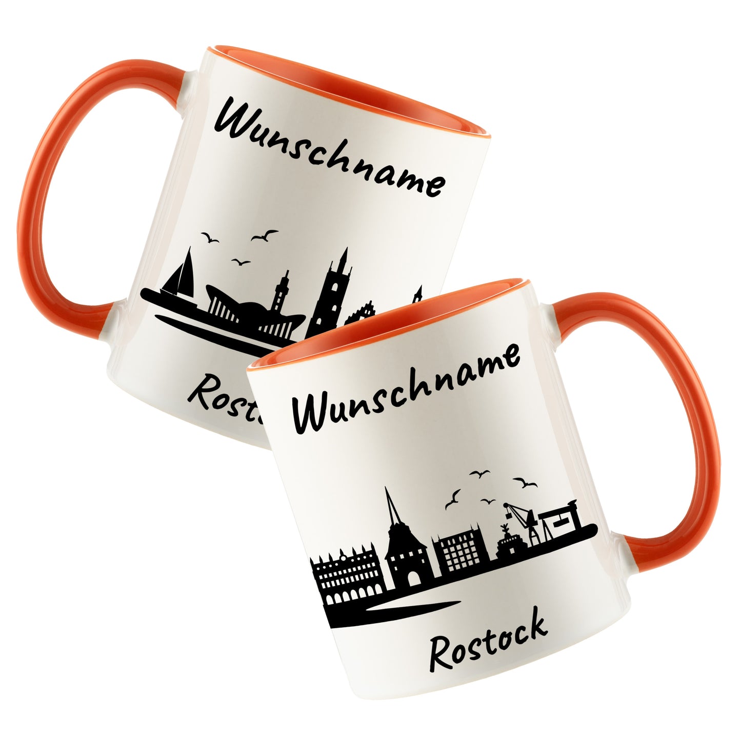 Tasse in Orange 330ml bedruckt mit der Skyline von Rostock personalisierbar mit Wunschname