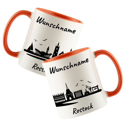Tasse in Orange 330ml bedruckt mit der Skyline von Rostock personalisierbar mit Wunschname