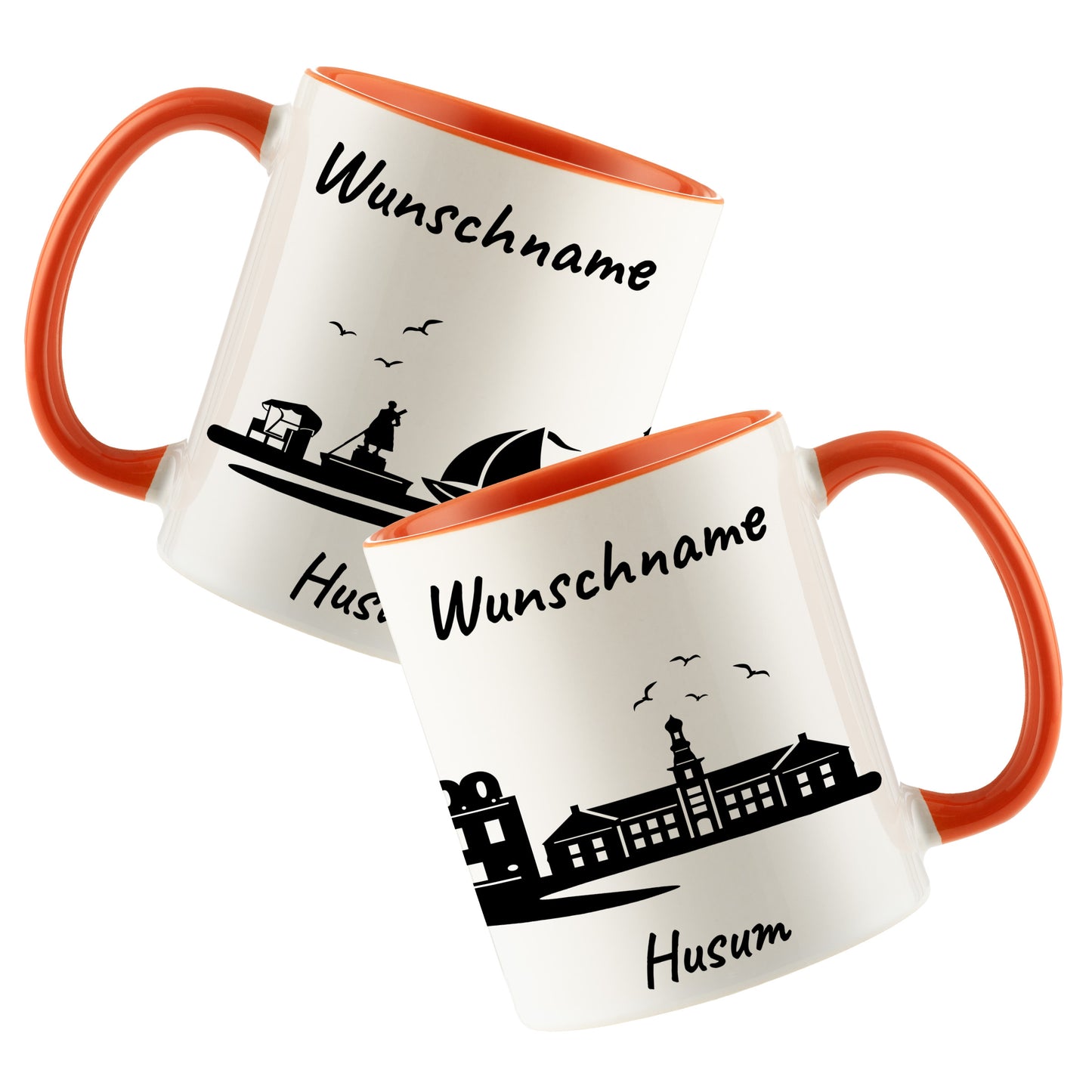 Tasse in Orange 330ml bedruckt mit der Skyline von Husum personalisierbar mit Wunschname