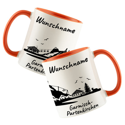 Tasse in Orange 330ml bedruckt mit der Skyline von Garmisch-Partenkirchen personalisierbar mit Wunschname
