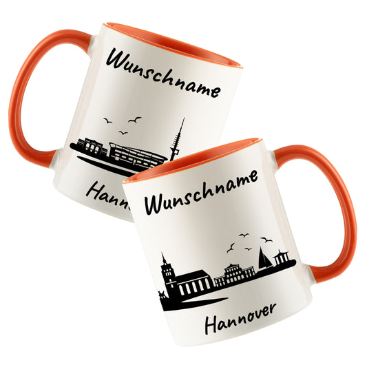 Tasse in Orange 330ml bedruckt mit der Skyline von Hannover personalisierbar mit Wunschname