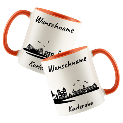Tasse in Orange 330ml bedruckt mit der Skyline von Karlsruhe personalisierbar mit Wunschname