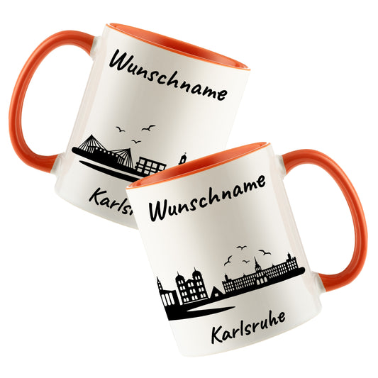 Tasse in Orange 330ml bedruckt mit der Skyline von Karlsruhe personalisierbar mit Wunschname