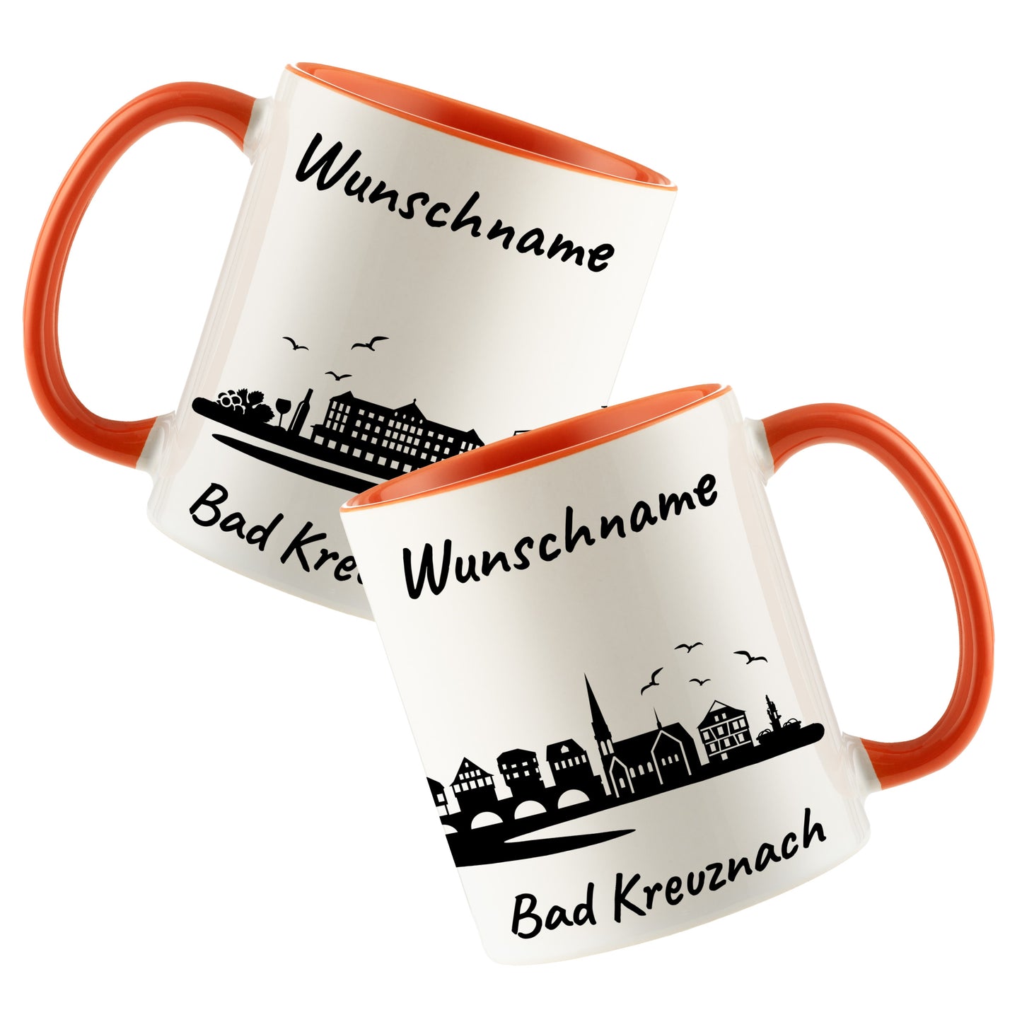 Tasse in Orange 330ml bedruckt mit der Skyline von Bad Kreuznach personalisierbar mit Wunschname