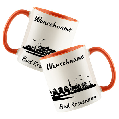 Tasse in Orange 330ml bedruckt mit der Skyline von Bad Kreuznach personalisierbar mit Wunschname