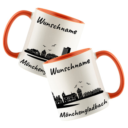 Tasse in Orange 330ml bedruckt mit der Skyline von Mönchengladbach personalisierbar mit Wunschname