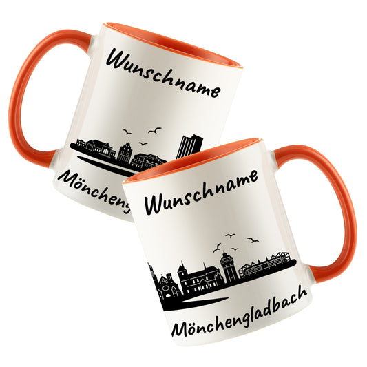 Tasse in Orange 330ml bedruckt mit der Skyline von Mönchengladbach personalisierbar mit Wunschname