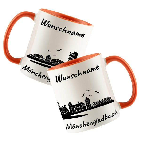 Tasse in Orange 330ml bedruckt mit der Skyline von Mönchengladbach personalisierbar mit Wunschname