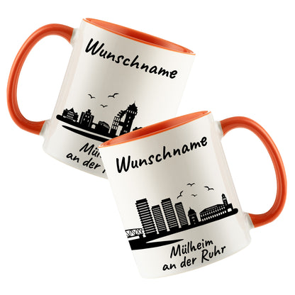 Tasse in Orange 330ml bedruckt mit der Skyline von Mülheim an der Ruhr personalisierbar mit Wunschname
