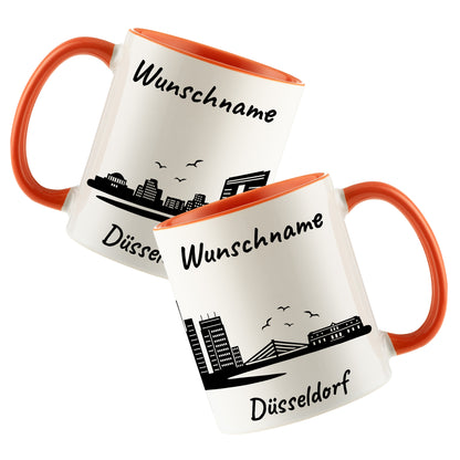 Tasse in Orange 330ml bedruckt mit der Skyline von Düsseldorf personalisierbar mit Wunschname