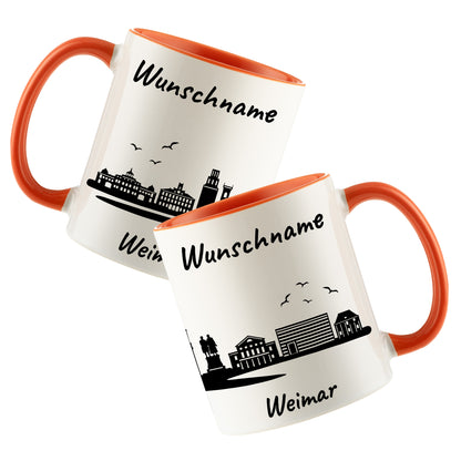 Tasse in Orange 330ml bedruckt mit der Skyline von Weimar personalisierbar mit Wunschname