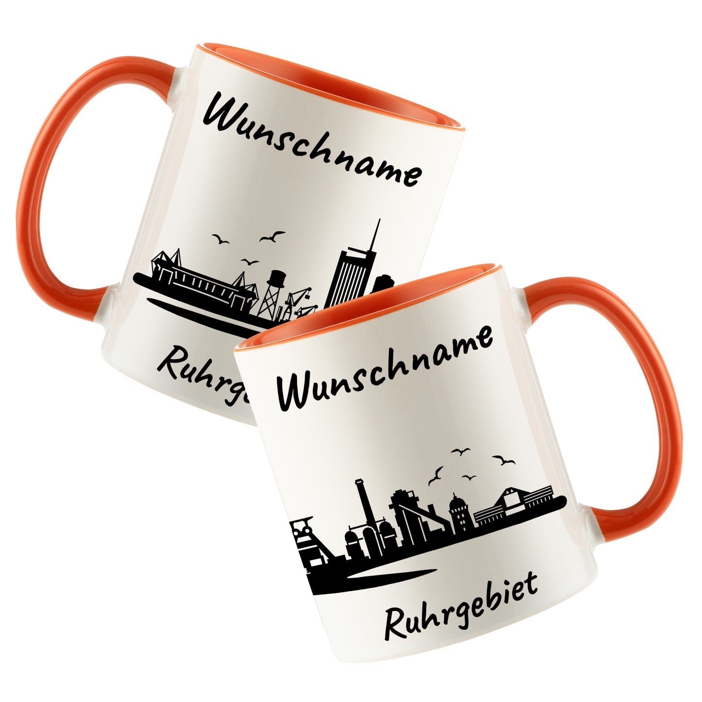 Tasse in Orange 330ml bedruckt mit der Skyline von Ruhrgebiet personalisierbar mit Wunschname