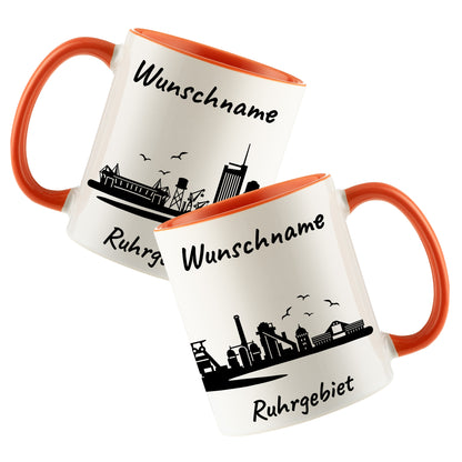 Tasse in Orange 330ml bedruckt mit der Skyline von Ruhrgebiet personalisierbar mit Wunschname