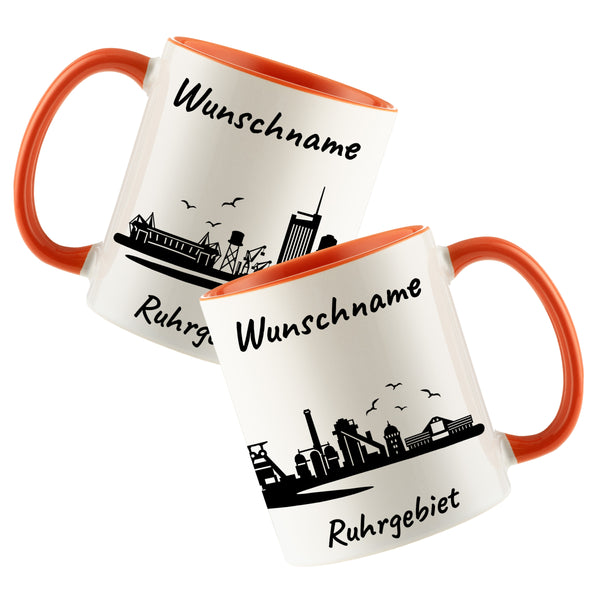 Tasse in Orange 330ml bedruckt mit der Skyline von Ruhrgebiet personalisierbar mit Wunschname