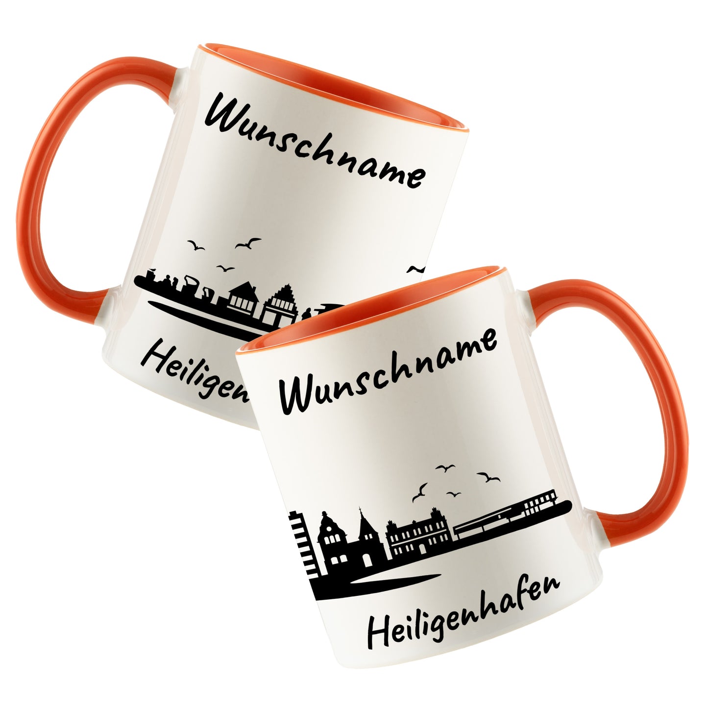 Tasse in Orange 330ml bedruckt mit der Skyline von Heiligenhafen personalisierbar mit Wunschname