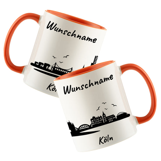 Tasse in Orange 330ml bedruckt mit der Skyline von Köln personalisierbar mit Wunschname