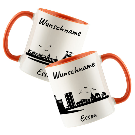 Tasse in Orange 330ml bedruckt mit der Skyline von Essen personalisierbar mit Wunschname