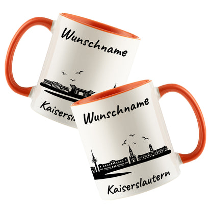 Tasse in Orange 330ml bedruckt mit der Skyline von Kaiserslautern personalisierbar mit Wunschname