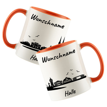 Tasse in Orange 330ml bedruckt mit der Skyline von Halle personalisierbar mit Wunschname