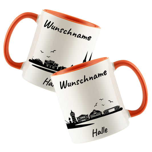 Tasse in Orange 330ml bedruckt mit der Skyline von Halle personalisierbar mit Wunschname