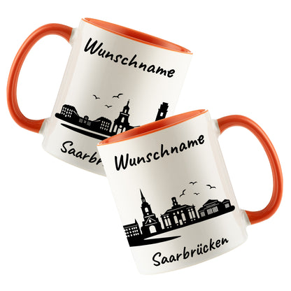 Tasse in Orange 330ml bedruckt mit der Skyline von Saarbrücken personalisierbar mit Wunschname