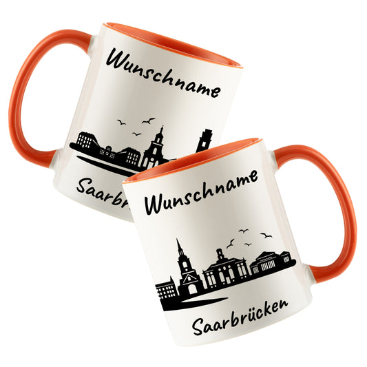 Tasse in Orange 330ml bedruckt mit der Skyline von Saarbrücken personalisierbar mit Wunschname
