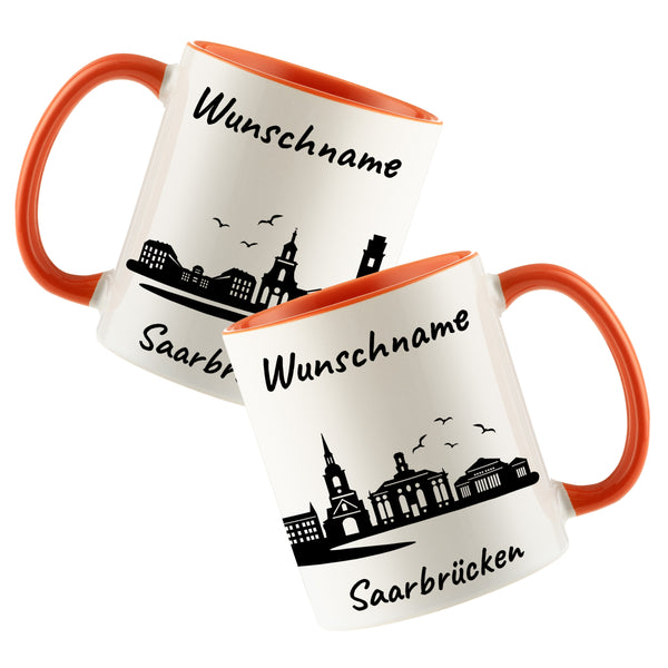 Tasse in Orange 330ml bedruckt mit der Skyline von Saarbrücken personalisierbar mit Wunschname