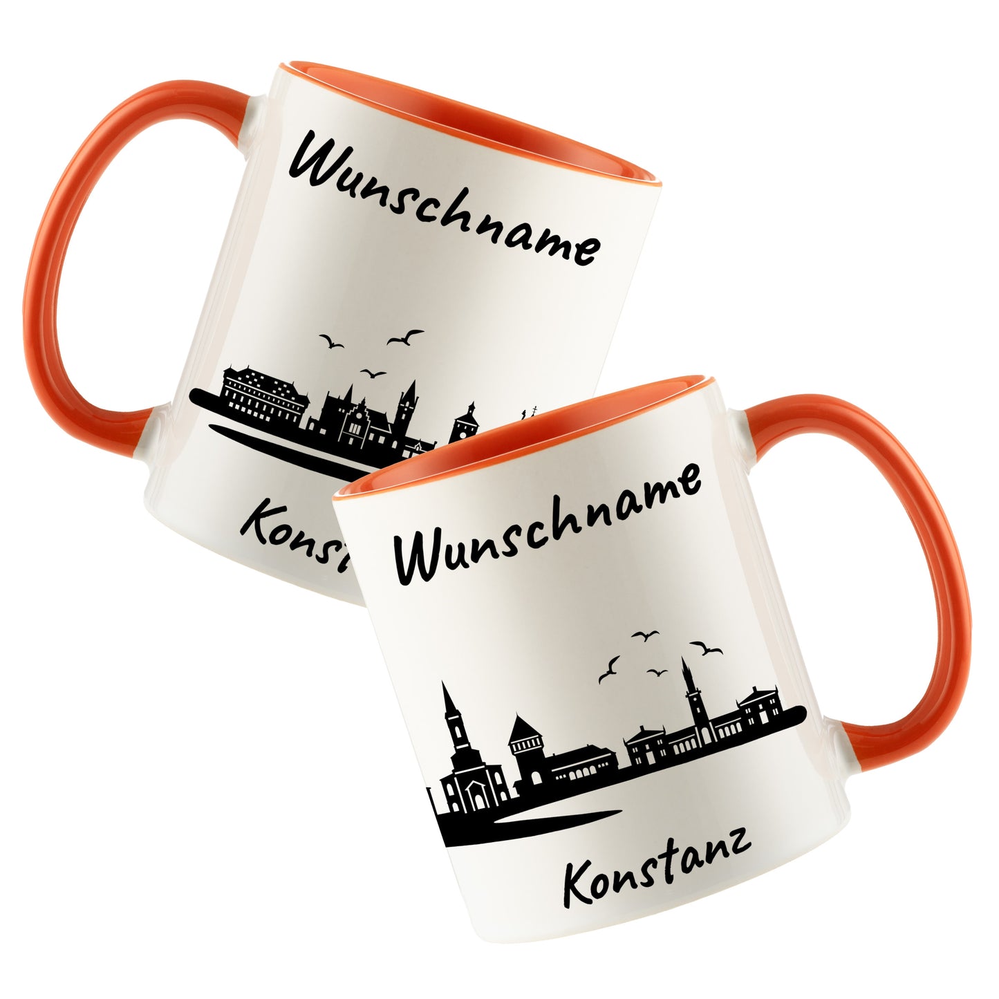 Tasse in Orange 330ml bedruckt mit der Skyline von Konstanz personalisierbar mit Wunschname