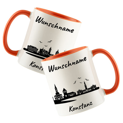 Tasse in Orange 330ml bedruckt mit der Skyline von Konstanz personalisierbar mit Wunschname